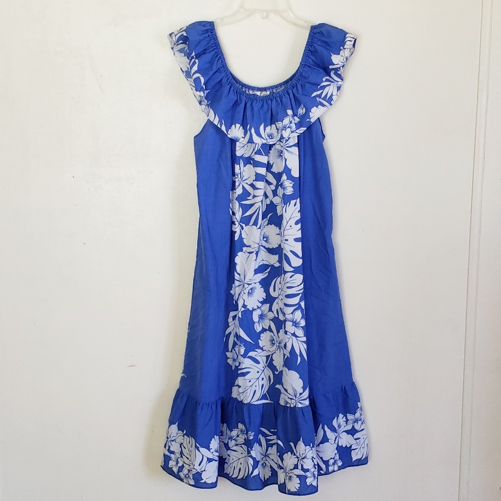 Vtg Helena's Dress Hawaiian Off Shoulder Blue M…